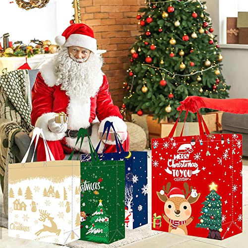 4 Pack Christmas Reusable Grocery Bag,Large Tote Bag with Handle, Gift Present Bag, Shopping Bag for Holiday Xmas Event Party