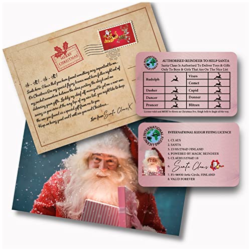 Plastic Santa’s Claus Lost Flying License + Postcard From Santa - Sleigh ID Decoration Driving Licence - Novelty Christmas Eve Box Fillers - Kids Xmas Day Surprise Gift From Father Christmas