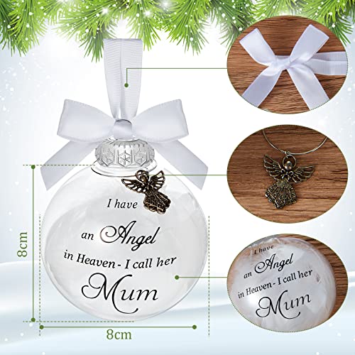 Suilung Christmas Memorial Baubles Ornaments I Have an Angel in Heaven Christmas Bauble Ornament Grave Decorations Clear Baubles White Feather Ball Hanging Decoration with Box for Xmas (Mum)