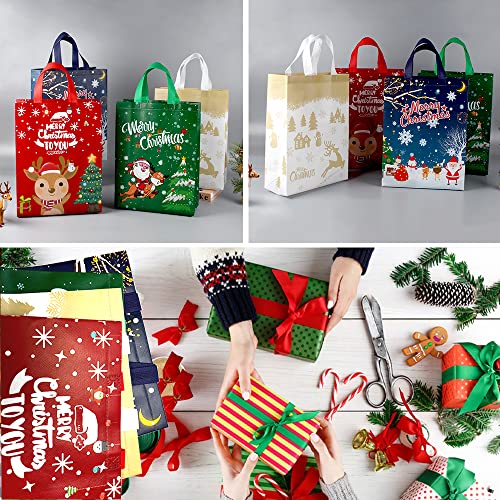4 Pack Christmas Reusable Grocery Bag,Large Tote Bag with Handle, Gift Present Bag, Shopping Bag for Holiday Xmas Event Party