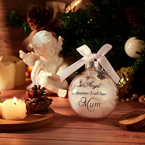 Suilung Christmas Memorial Baubles Ornaments I Have an Angel in Heaven Christmas Bauble Ornament Grave Decorations Clear Baubles White Feather Ball Hanging Decoration with Box for Xmas (Mum)