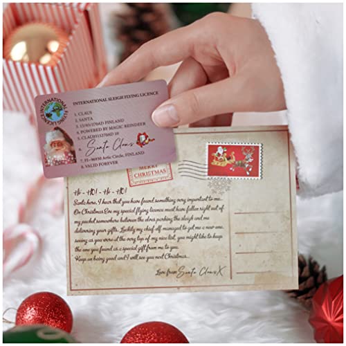 Plastic Santa’s Claus Lost Flying License + Postcard From Santa - Sleigh ID Decoration Driving Licence - Novelty Christmas Eve Box Fillers - Kids Xmas Day Surprise Gift From Father Christmas
