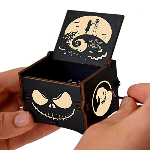 Cuzit This is Halloween Tune Wood Music Box Toy The Nightmare Before Christmas Hand Crank Engraved Vintage Wooden Musical Box Toy Gifts for Halloween Birthday Christmas Valentine