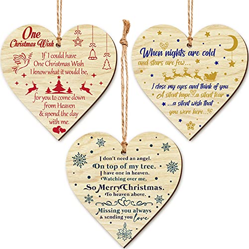 Christmas Memorial Wooden Wall Hangings Heart Shaped Grave Plaque Xmas Tree Wooden Hanging Decoration Commemorative Wall Hanging Decorations with Bag and Rope for Christmas Home Wall Decoration