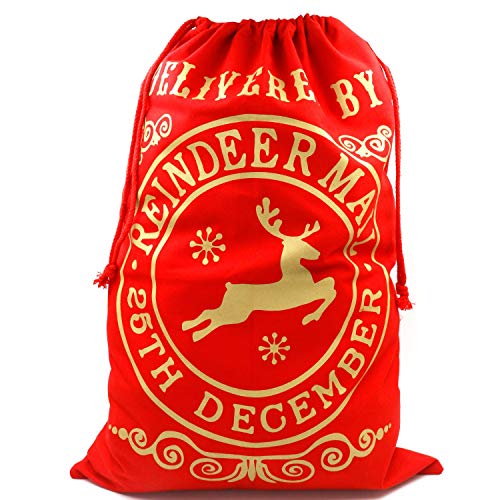 TRIXES Santa Sack Large Red, Christmas Reindeer Post Style, Draw String, Present Bag Sack, Festive Sack, Suitable for Both Adults and Children