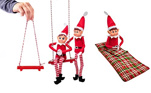 WHITEHILL Christmas Combo Elf Wooden Swing with PDQ + Elf Sleeping Bag Novelty Toy - Festive Tree Holiday Decoration - Decorative Xmas Hanging Ornament + Accessory Fit for Elf on the Shelf