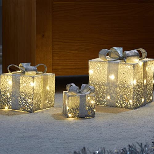 Marco Paul Christmas Set of 3 Silver Sparkle Light Up Faux Gift Boxes Pre-Lit 45 LED Parcels Battery Operated Festive Decoration Xmas Sparkly Gifts