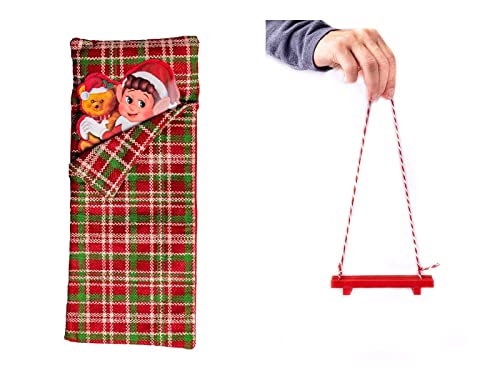 WHITEHILL Christmas Combo Elf Wooden Swing with PDQ + Elf Sleeping Bag Novelty Toy - Festive Tree Holiday Decoration - Decorative Xmas Hanging Ornament + Accessory Fit for Elf on the Shelf