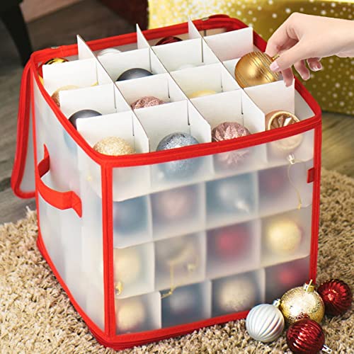 WEASHUME Christmas Bauble Storage Box Decorations Storage Box with Zip and Handles 4 Layered 64 Compartment Storage Box
