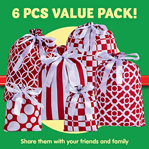 6 Pcs Red Christmas Fabric Gift Bags for Party Favors, Goody Bags, Holiday Presents Décor, Giant Gifts Decorations