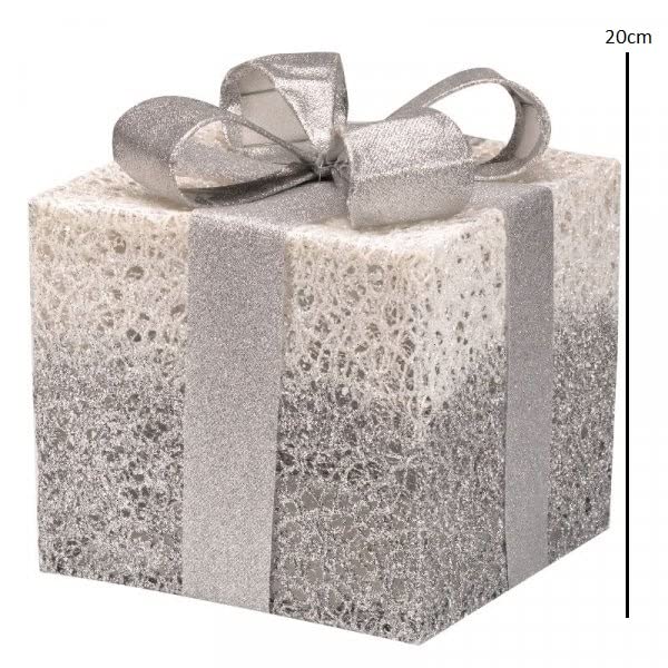 Marco Paul Christmas Set of 3 Silver Sparkle Light Up Faux Gift Boxes Pre-Lit 45 LED Parcels Battery Operated Festive Decoration Xmas Sparkly Gifts