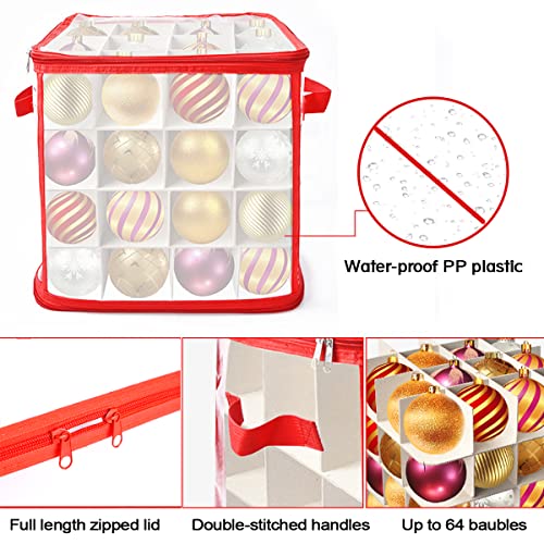 WEASHUME Christmas Bauble Storage Box Decorations Storage Box with Zip and Handles 4 Layered 64 Compartment Storage Box