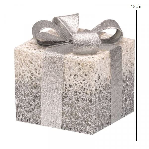 Marco Paul Christmas Set of 3 Silver Sparkle Light Up Faux Gift Boxes Pre-Lit 45 LED Parcels Battery Operated Festive Decoration Xmas Sparkly Gifts