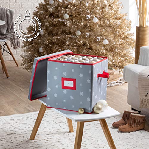 Premium Christmas Bauble Storage Box With Dividers - Snowy Lane Design - 64 Compartment Xmas Ornament Storage Box - Christmas Decorations & Baubles Storage - Tear Proof 600D - 5 Year Warranty