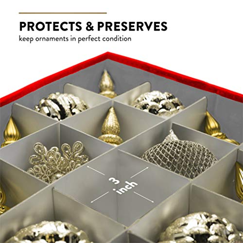 Premium Christmas Bauble Storage Box With Dividers - Snowy Lane Design - 64 Compartment Xmas Ornament Storage Box - Christmas Decorations & Baubles Storage - Tear Proof 600D - 5 Year Warranty