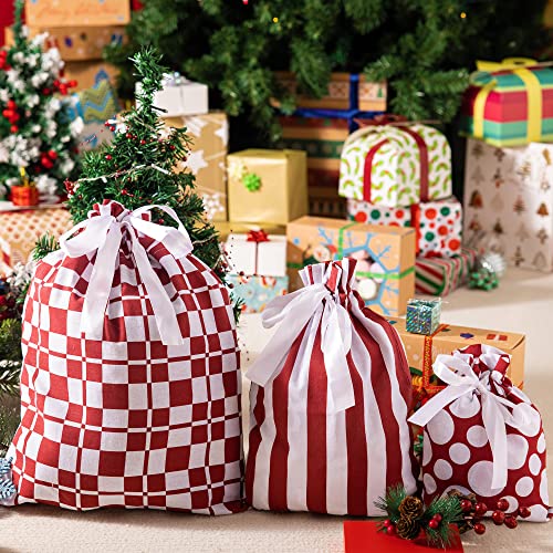 6 Pcs Red Christmas Fabric Gift Bags for Party Favors, Goody Bags, Holiday Presents Décor, Giant Gifts Decorations