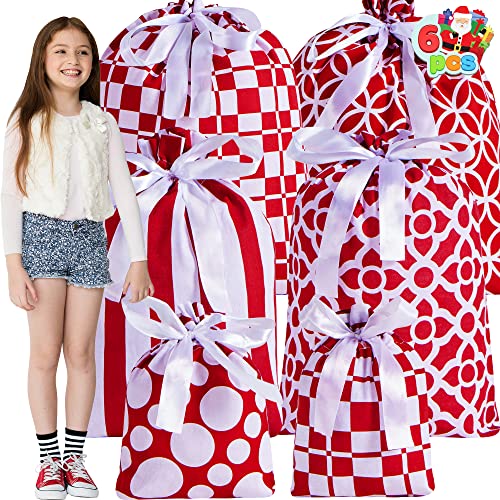 6 Pcs Red Christmas Fabric Gift Bags for Party Favors, Goody Bags, Holiday Presents Décor, Giant Gifts Decorations