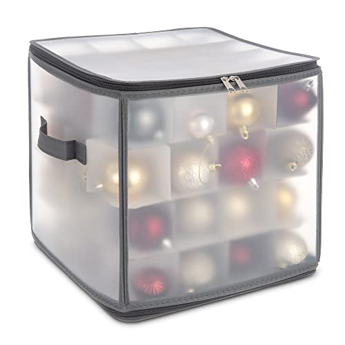 Christmas Village Bauble and Decoration Storage Cube with Padded Dividers for 64 Xmas Ornaments – Heavy Duty Folding 4 Layer Holder with Separators, Zipped Lid and Handles (Grey)
