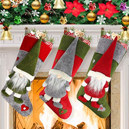 Christmas Stocking Set of 3, Large 18 inch Gnome Xmas Stockings Sock Sack Gift Bag for Fireplace Home Indoor Decorations Holiday Party Tree Decor Ornament, Candy Pouch Bag Theme Santa 3D Cute Design