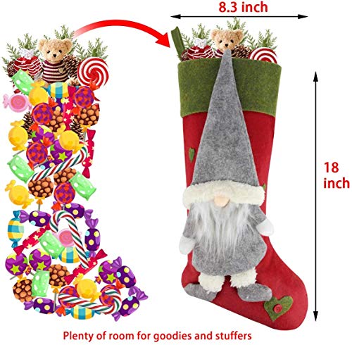 Christmas Stocking Set of 3, Large 18 inch Gnome Xmas Stockings Sock Sack Gift Bag for Fireplace Home Indoor Decorations Holiday Party Tree Decor Ornament, Candy Pouch Bag Theme Santa 3D Cute Design
