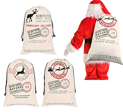 KAHEIGN 3Pcs Christmas Bag Santa Sack Canvas Bag with White Drawstrings - Christmas Elk Express Delivery Bags Gift Bags Extra Large Size 70 x 50cm