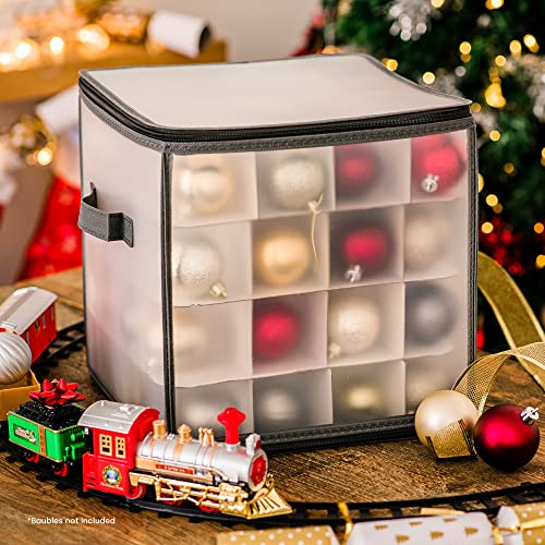 Christmas Village Bauble and Decoration Storage Cube with Padded Dividers for 64 Xmas Ornaments – Heavy Duty Folding 4 Layer Holder with Separators, Zipped Lid and Handles (Grey)