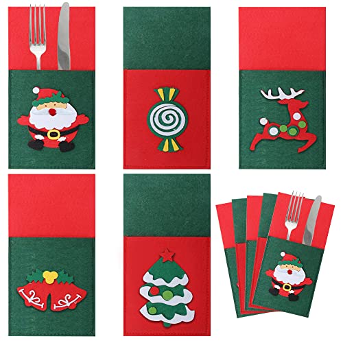 Pilikoll 10 Pcs Christmas Cutlery Holders Christmas Santa Knife Fork Chopsticks Bags Christmas Tree Patterned Flatware Holders Christmas Cutlery Holders for Xmas Home Party Table Decor