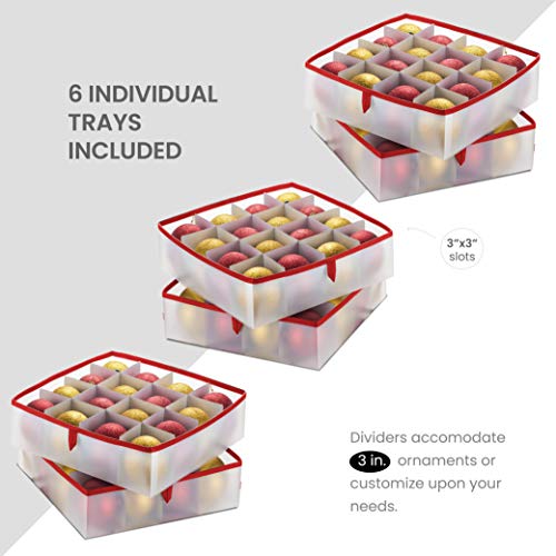 Premium Christmas Bauble Storage Box with 2 Sided Dual Zipper Closure - Keeps 96 Xmas Baubles, Christmas Decorations Accessories & Ornaments, Underbed Bauble Storage Container with 7.6cm Cubes