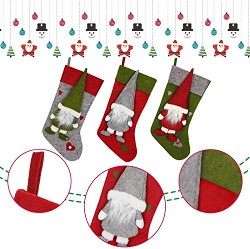 Christmas Stocking Set of 3, Large 18 inch Gnome Xmas Stockings Sock Sack Gift Bag for Fireplace Home Indoor Decorations Holiday Party Tree Decor Ornament, Candy Pouch Bag Theme Santa 3D Cute Design