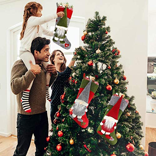 Christmas Stocking Set of 3, Large 18 inch Gnome Xmas Stockings Sock Sack Gift Bag for Fireplace Home Indoor Decorations Holiday Party Tree Decor Ornament, Candy Pouch Bag Theme Santa 3D Cute Design