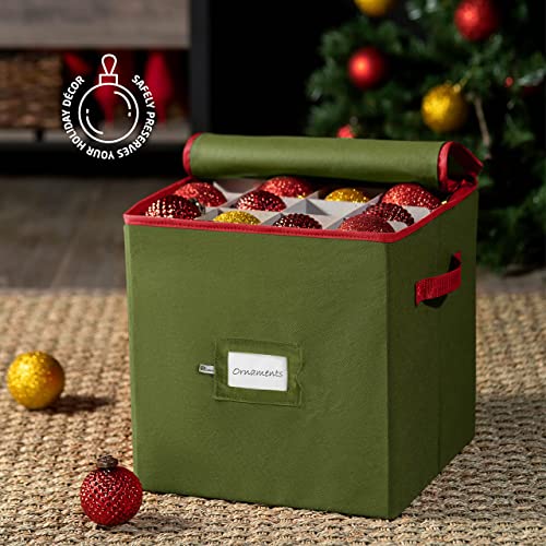 Premium Christmas Bauble Storage Box With Dividers - 64-Compartment Xmas Ornament Storage Container with Zippered Closure - Designed for Delicate Christmas Decorations & Baubles - Tear Proof Non-Woven