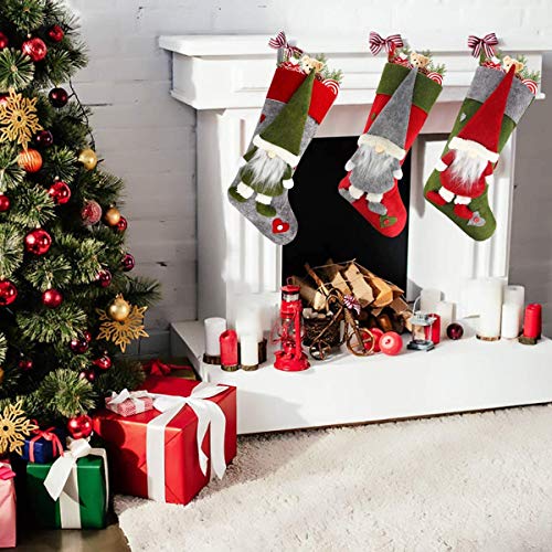 Christmas Stocking Set of 3, Large 18 inch Gnome Xmas Stockings Sock Sack Gift Bag for Fireplace Home Indoor Decorations Holiday Party Tree Decor Ornament, Candy Pouch Bag Theme Santa 3D Cute Design