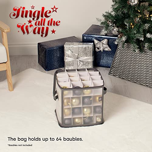 Christmas Village Bauble and Decoration Storage Cube with Padded Dividers for 64 Xmas Ornaments – Heavy Duty Folding 4 Layer Holder with Separators, Zipped Lid and Handles (Grey)