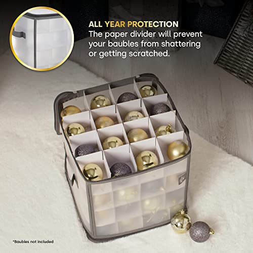 LIVIVO Christmas Bauble and Decoration Storage Cube with Padded Dividers for 64 Xmas Ornaments – Heavy Duty Folding 4 Layer Holder with Separators, Zipped Lid and Handles (Grey)