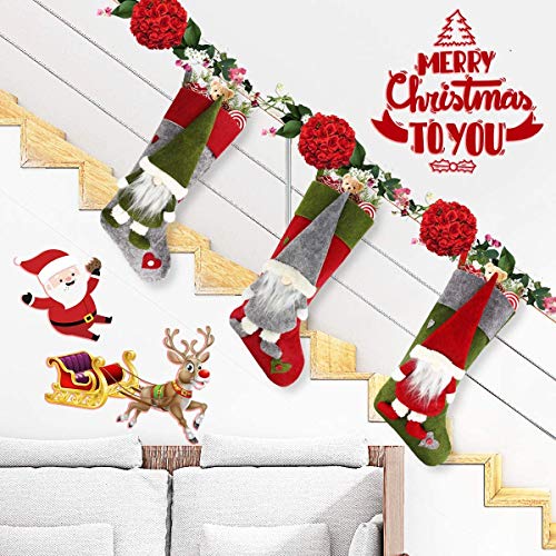 Christmas Stocking Set of 3, Large 18 inch Gnome Xmas Stockings Sock Sack Gift Bag for Fireplace Home Indoor Decorations Holiday Party Tree Decor Ornament, Candy Pouch Bag Theme Santa 3D Cute Design