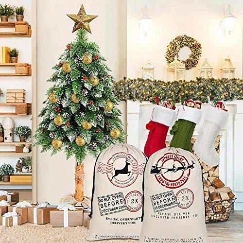 KAHEIGN 3Pcs Christmas Bag Santa Sack Canvas Bag with White Drawstrings - Christmas Elk Express Delivery Bags Gift Bags Extra Large Size 70 x 50cm