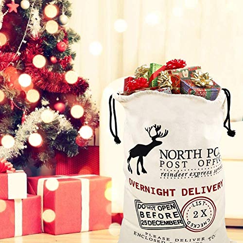 KAHEIGN 3Pcs Christmas Bag Santa Sack Canvas Bag with White Drawstrings - Christmas Elk Express Delivery Bags Gift Bags Extra Large Size 70 x 50cm