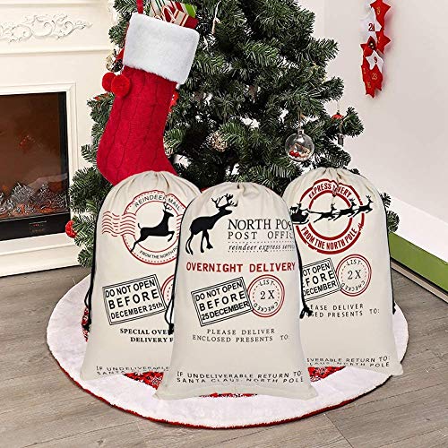 KAHEIGN 3Pcs Christmas Bag Santa Sack Canvas Bag with White Drawstrings - Christmas Elk Express Delivery Bags Gift Bags Extra Large Size 70 x 50cm