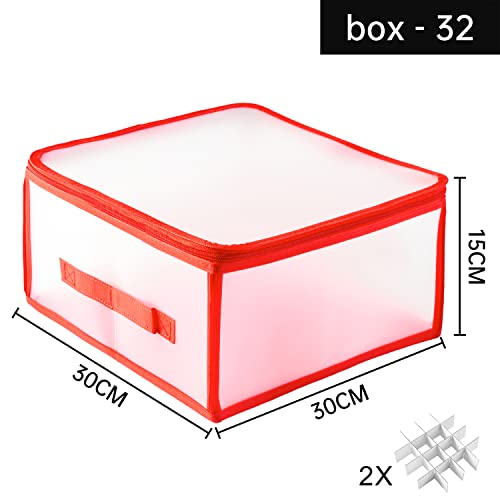 Christmas Bauble Storage Box – Holds up to 32 Individual Pieces, Cardboard Dividers Included, Festive Ornament Storage Box with Zip Closure and 2 Carry Handles, Sturdy Bauble Organiser