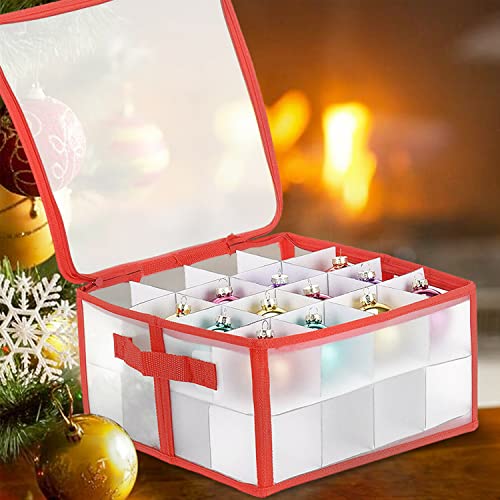Christmas Bauble Storage Box – Holds up to 32 Individual Pieces, Cardboard Dividers Included, Festive Ornament Storage Box with Zip Closure and 2 Carry Handles, Sturdy Bauble Organiser