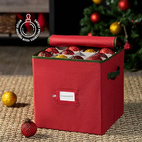 Premium Christmas Bauble Storage Box With Dividers - 64-Compartment Xmas Ornament Storage Container with Zippered Closure - Designed for Delicate Christmas Decorations & Baubles - Tear Proof Non-Woven