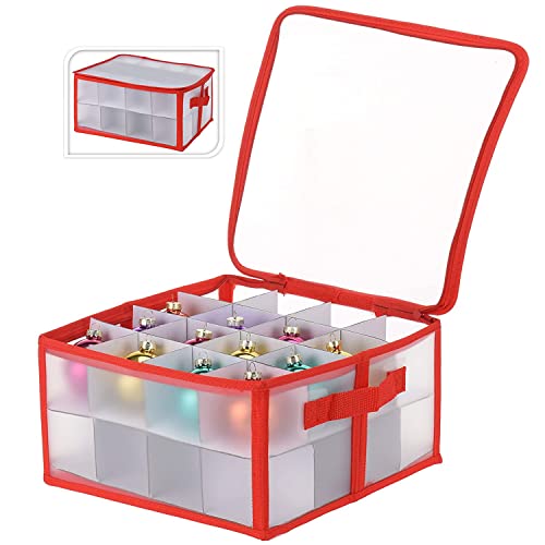 Christmas Bauble Storage Box – Holds up to 32 Individual Pieces, Cardboard Dividers Included, Festive Ornament Storage Box with Zip Closure and 2 Carry Handles, Sturdy Bauble Organiser