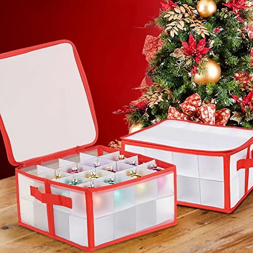 Christmas Bauble Storage Box – Holds up to 32 Individual Pieces, Cardboard Dividers Included, Festive Ornament Storage Box with Zip Closure and 2 Carry Handles, Sturdy Bauble Organiser