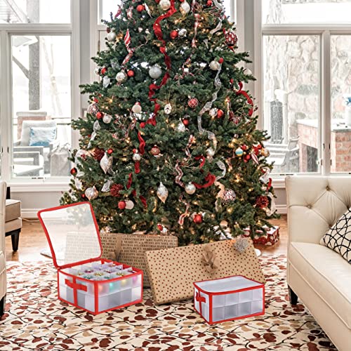 Christmas Bauble Storage Box – Holds up to 32 Individual Pieces, Cardboard Dividers Included, Festive Ornament Storage Box with Zip Closure and 2 Carry Handles, Sturdy Bauble Organiser