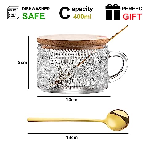 Hniuyun 2Pcs Vintage Coffee Mugs, 400Ml Glass Tea Cups with lids and Spoons, Clear Embossed Glass Cups for Cappuccino, Latte, Cereal, Yogurt, Milk, Christmas Thanksgiving Gifts