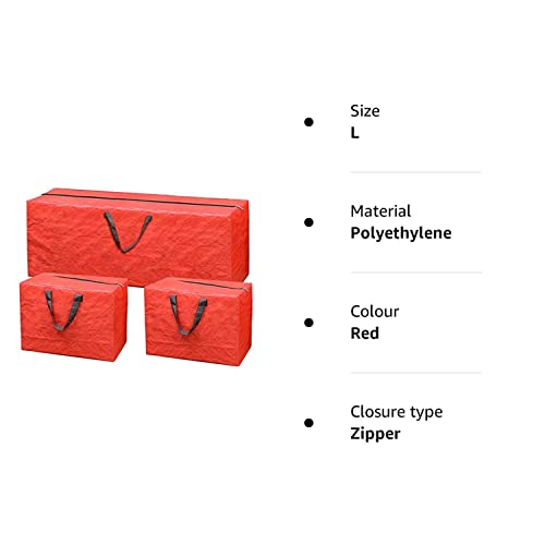 SUL Christmas 3pc Decoration Storage Bags Strong Durable Tearproof Bags with Double Stitched Handle Zip's Sturdy Carry Handles for Xmas Tree Christmas Accessories Red