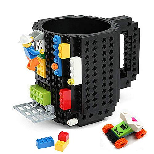 MA3TY Build-On Brick Coffee Mug, Funny Cups DIY Creative Building Blocks Xmas Present, Novelty Christmas Santa Gifts for Kids Women Men with 3 Bags Accessories (Black)