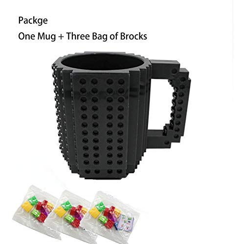 MA3TY Build-On Brick Coffee Mug, Funny Cups DIY Creative Building Blocks Xmas Present, Novelty Christmas Santa Gifts for Kids Women Men with 3 Bags Accessories (Black)