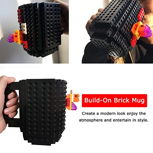 MA3TY Build-On Brick Coffee Mug, Funny Cups DIY Creative Building Blocks Xmas Present, Novelty Christmas Santa Gifts for Kids Women Men with 3 Bags Accessories (Black)