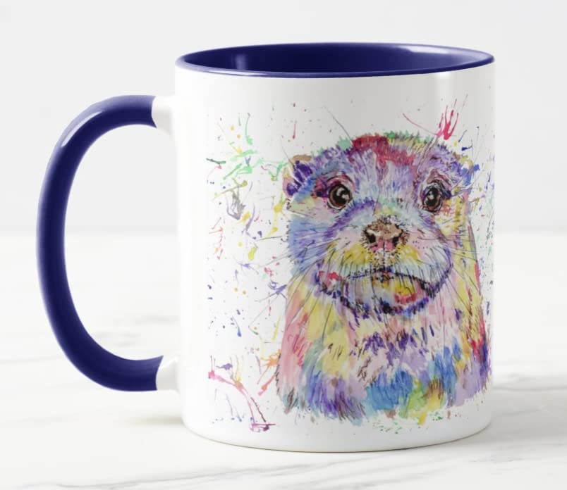 Vixar Otter British Wildlife Watercolour Art Coloured Mug Cup Gift Birthday Work Office Christmas Tea Coffee (Navy)
